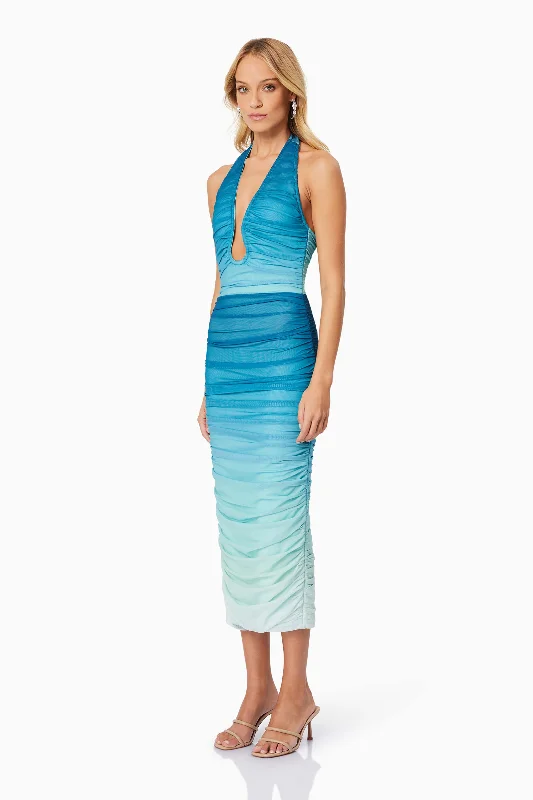 Brielle Halter Neck Midi Dress In Blue