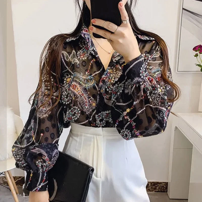 Women's Puff Sleeve Chiffon Blouse Fashion Designer Long-Sleeve Tops