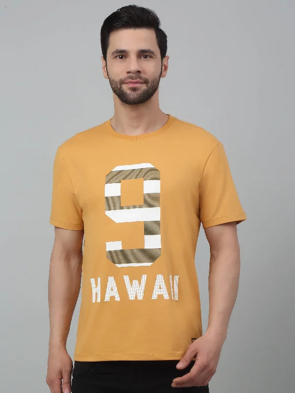 Cantabil Mustard Printed Round Neck Half Sleeve T-shirt For Men