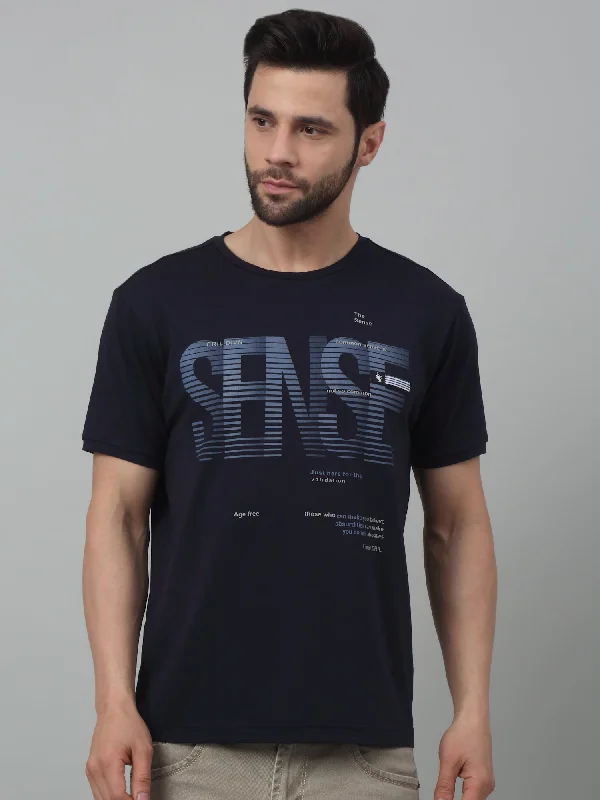 Cantabil Navy Blue Printed Round Neck Half Sleeve T-shirt For Men