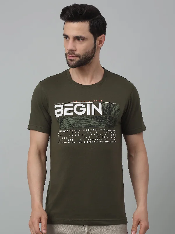 Cantabil Olive Green Printed Round Neck Half Sleeve T-shirt For Men