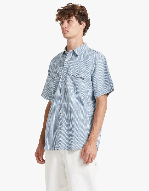 S/S Relaxed Fit Western Shirt - Vander Denim Railroad Stripe