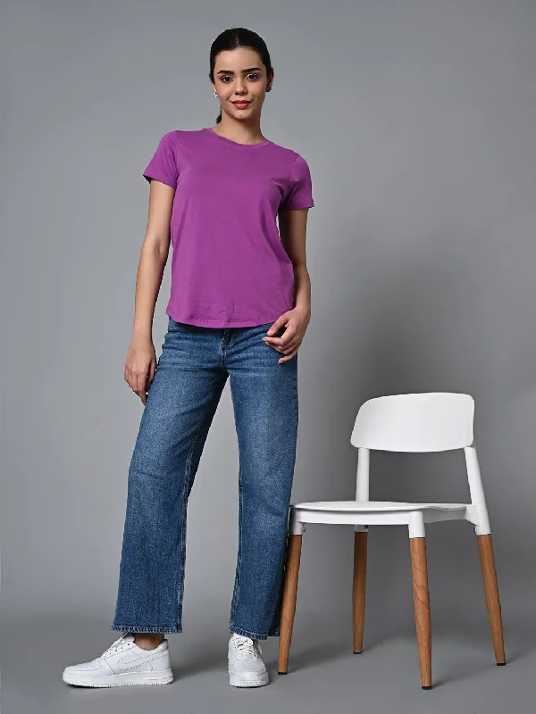 Women's Purple Cotton Regular Fit Tshirt