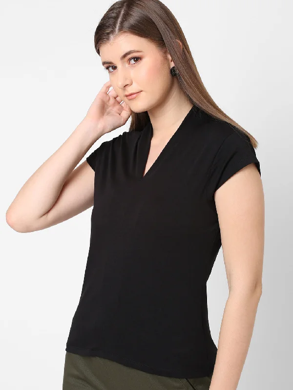 Women's Black Cotton Elastane Slim Fit Tshirt