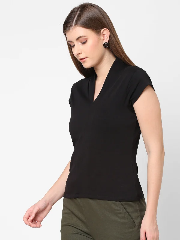 Women's Black Cotton Elastane Slim Fit Tshirt