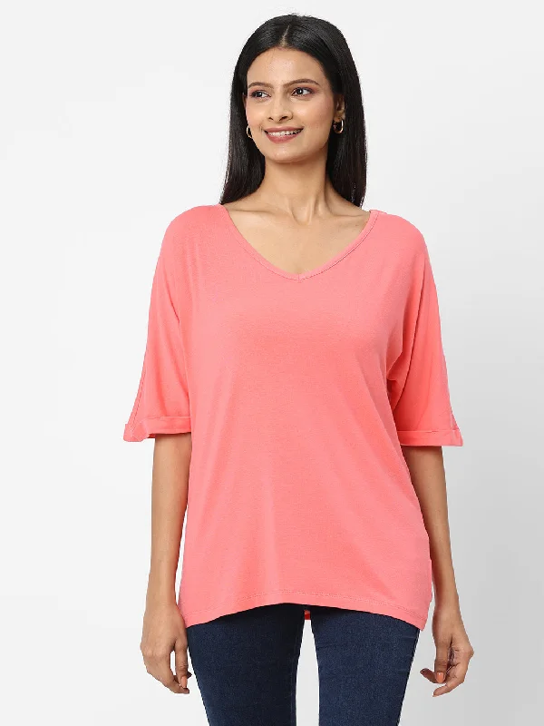 Womens Pink Cotton Bamboo Elastane Loose Fit Tshirt