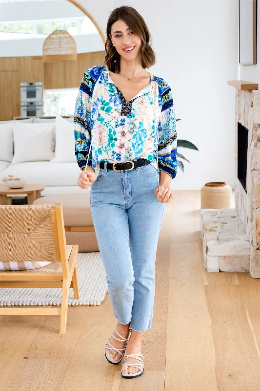 FINAL SALE | Angela Blouse Blue Bouquet Print