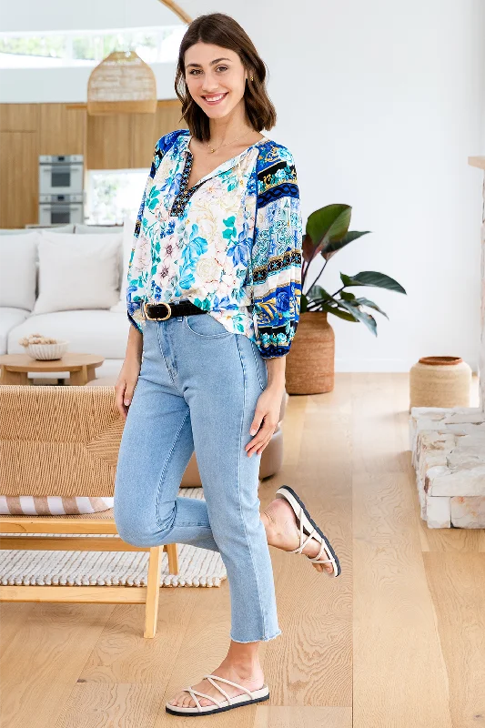 FINAL SALE | Angela Blouse Blue Bouquet Print