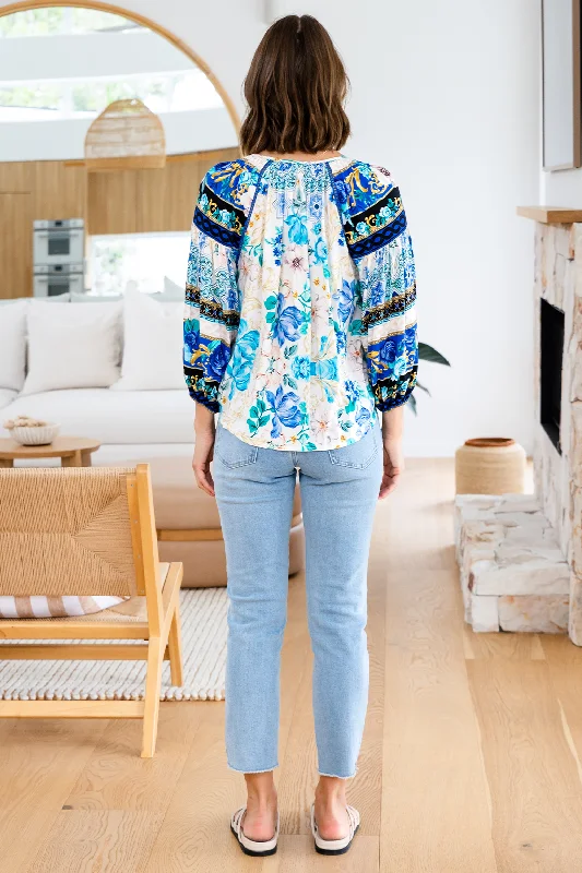 FINAL SALE | Angela Blouse Blue Bouquet Print